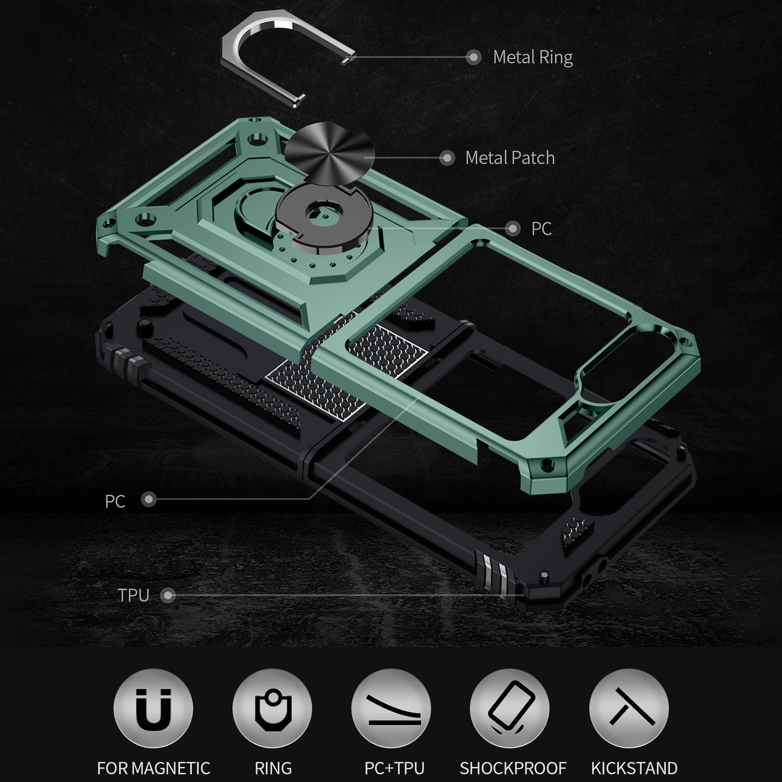 For Samsung Galaxy Z Flip5 5G Case TPU+PC Phone Cover with Ring Kickstand Drop Protection - Blackish Green For Samsung Galaxy Z Flip5 5G Case TPU+PC Phone Cover with Ring Kickstand Drop Protection - Blackish Green